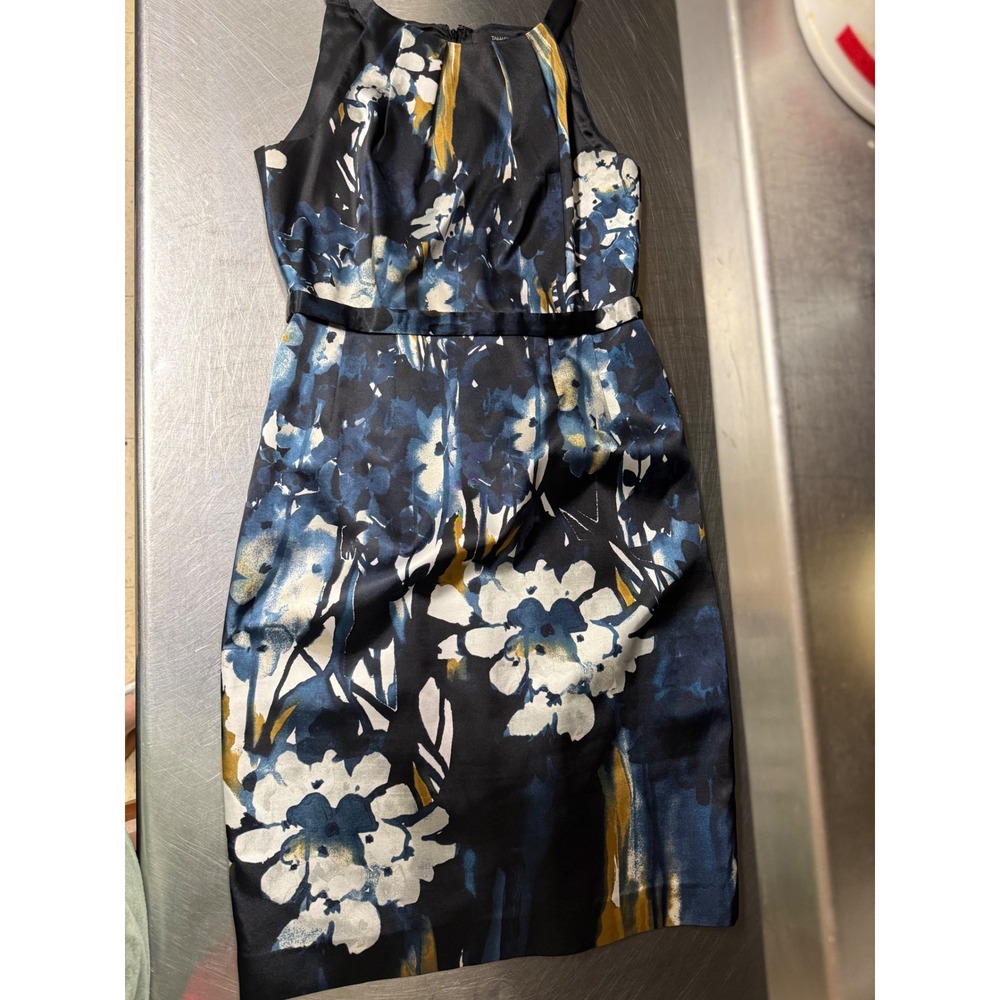 Tahari Sleeveless Floral Sheath Dress Navy Blue Gold Abstract Cocktail Sz 8